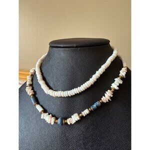 Vintage Shell & Bead Necklace Set of 2 Summer Beach White Blue